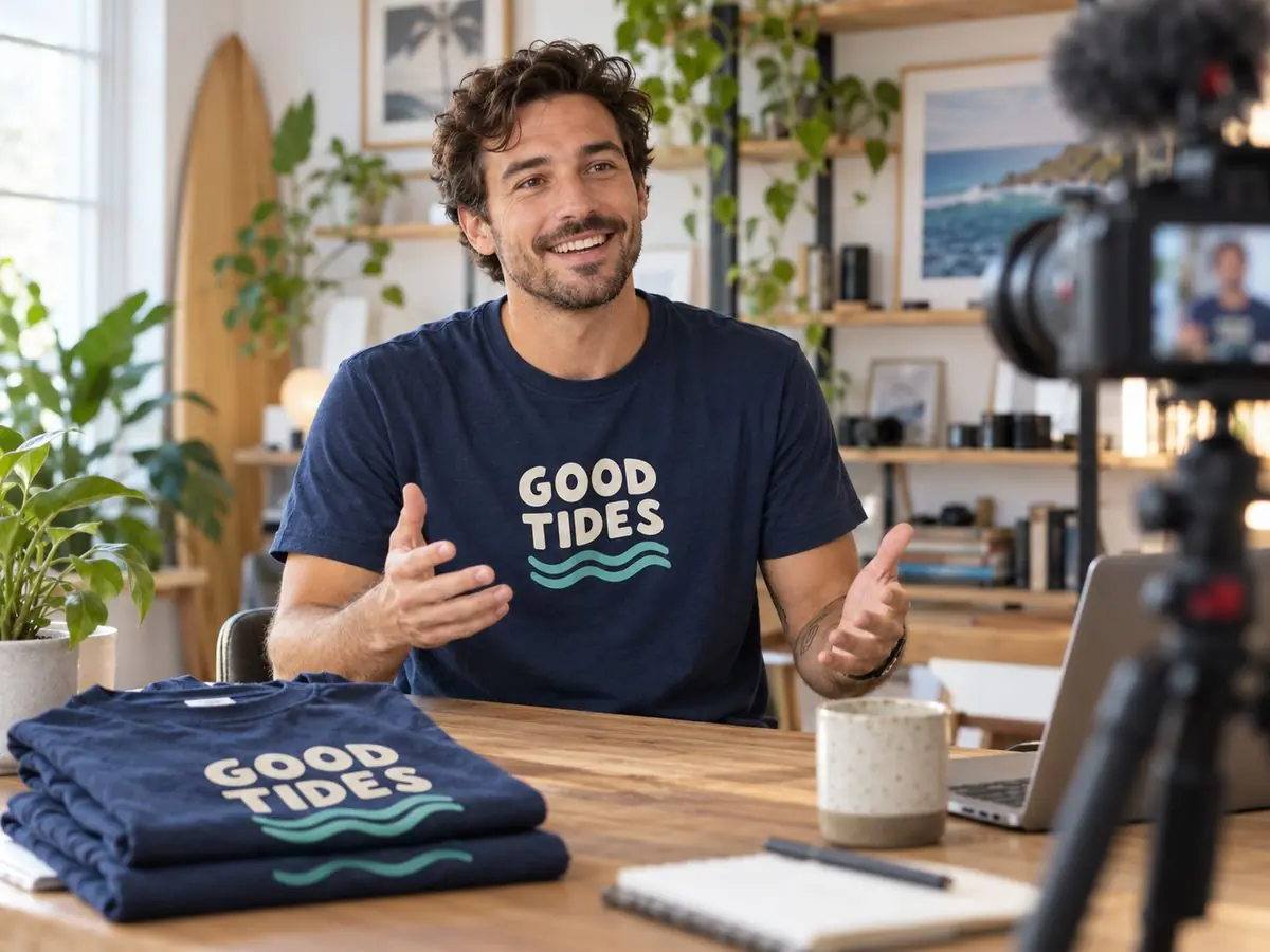 Creator filming a video while wearing his own Good Tides merch tee