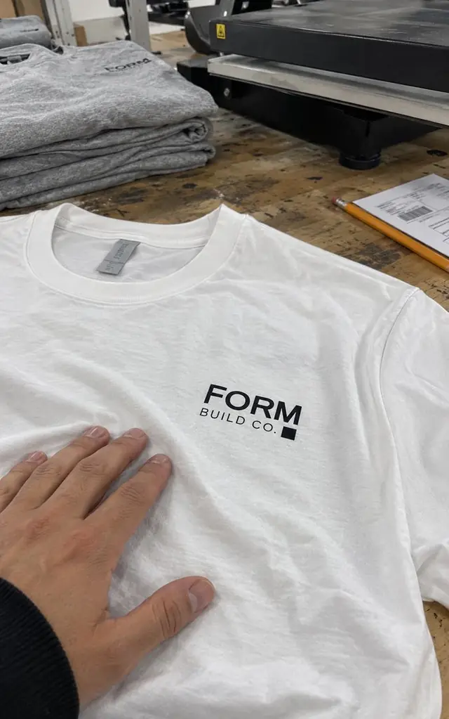 Close-up of a crisp black logo print on a white tee