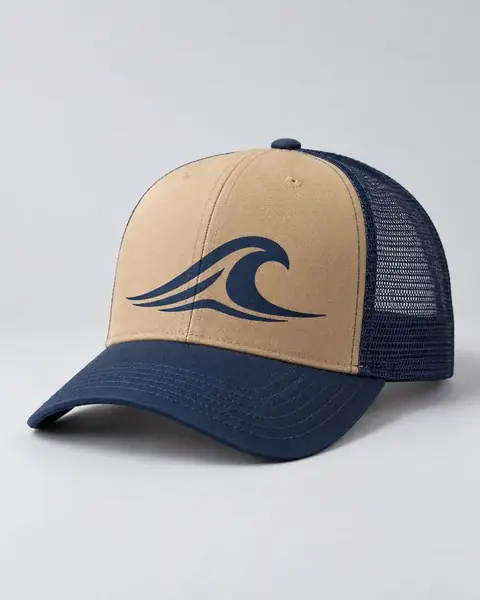 Tan and navy trucker hat with a wave logo
