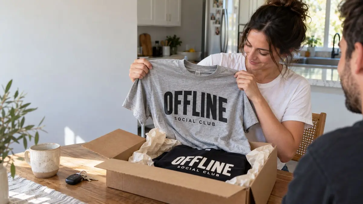 Woman unboxing gray and black custom printed tees at her kitchen table