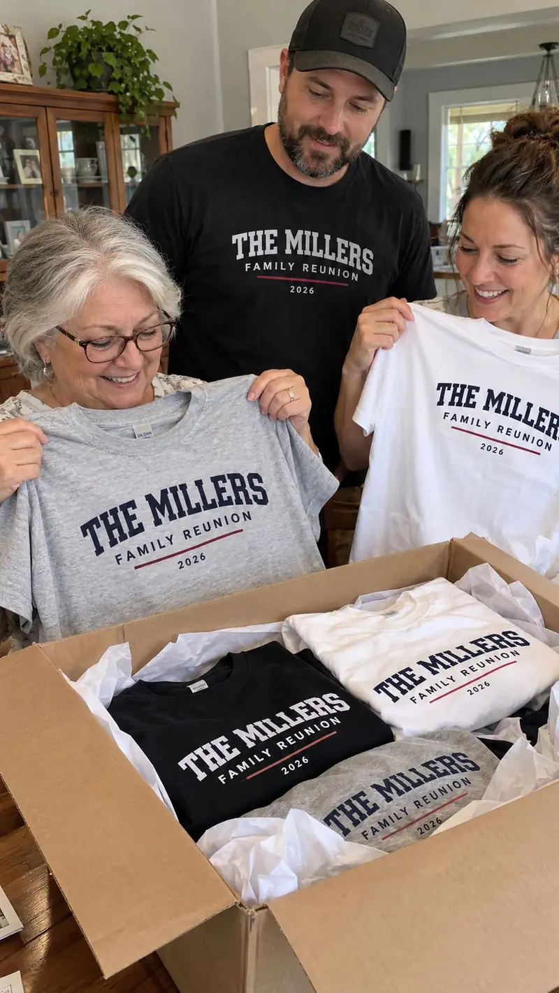Family unboxing matching The Millers Family Reunion 2026 tees