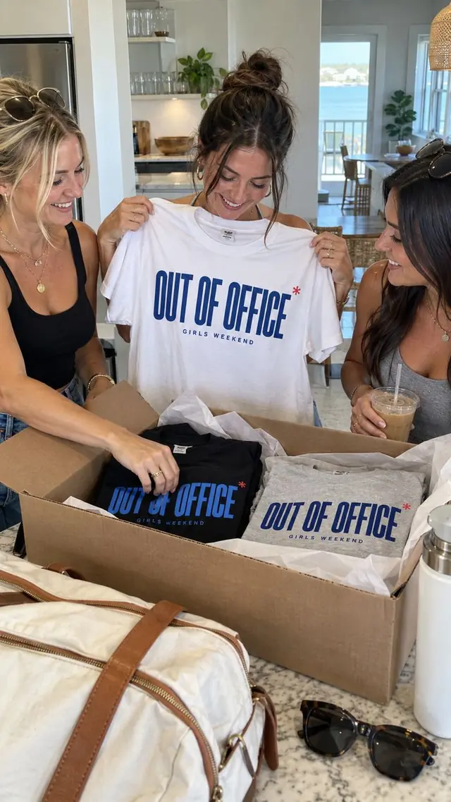 Three friends unboxing Out of Office girls weekend tees
