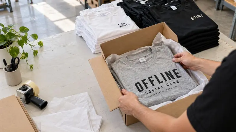 An Offline Social Club tee being packed for shipping, with branded tees stacked behind