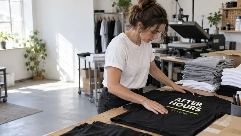 A printer smoothing a freshly printed After Hours Run Club tee next to the heat press